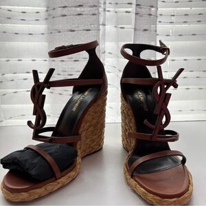 Saint Laurent YSL Logo Cassandra Espadrille Wedge Sandal